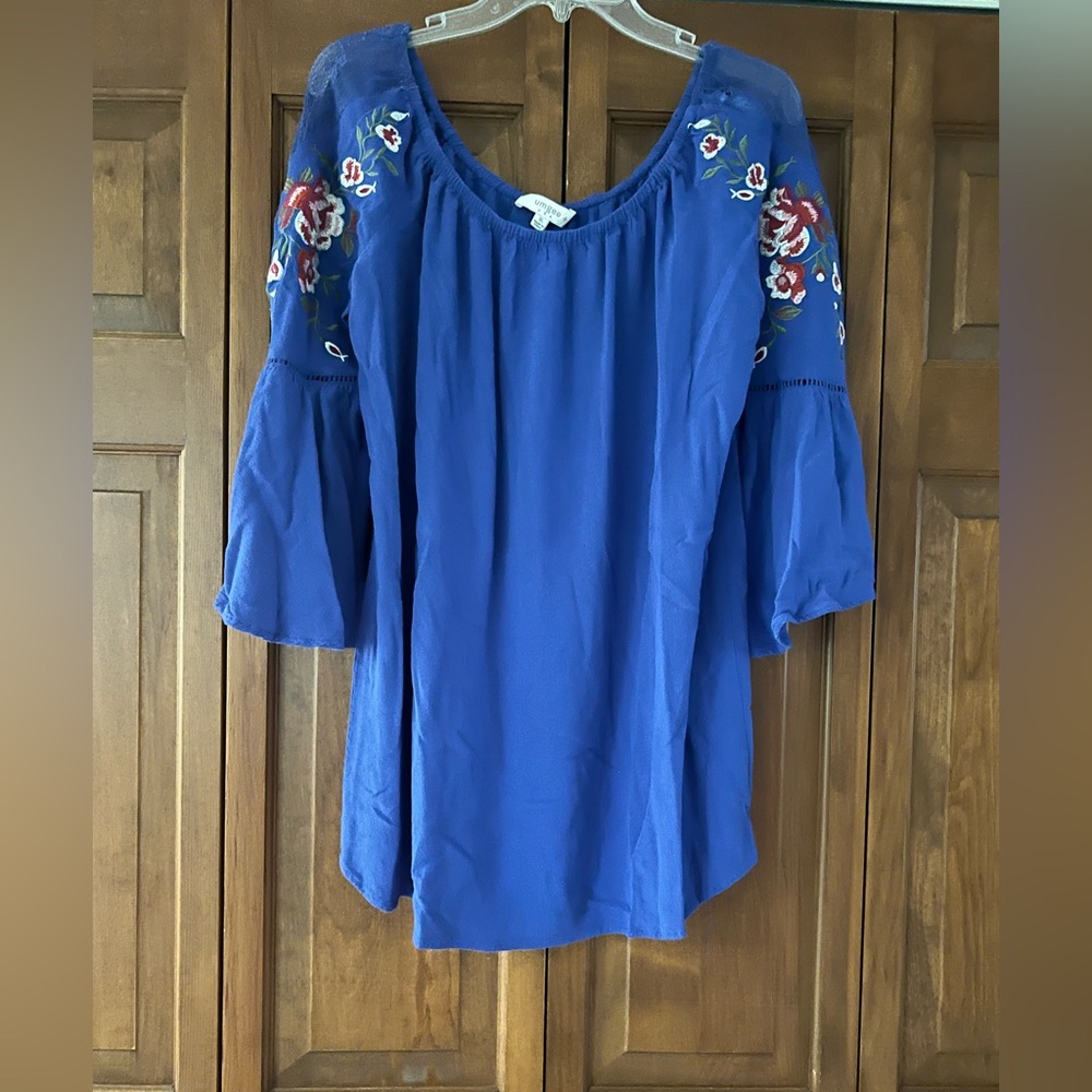 Umgee Royal Blue Blouse with Floral Embroidery